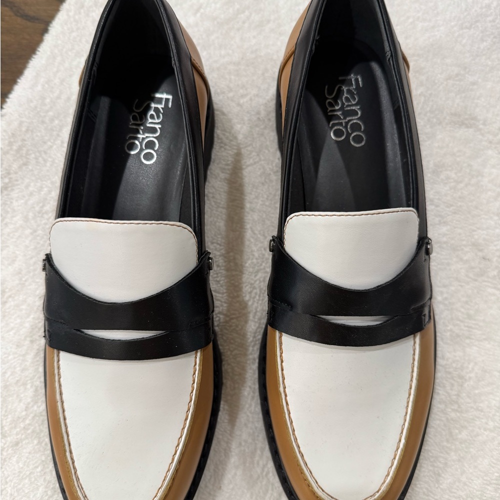 Franco Sarto Tri-Color Penny Loafers - White/Black/Tan